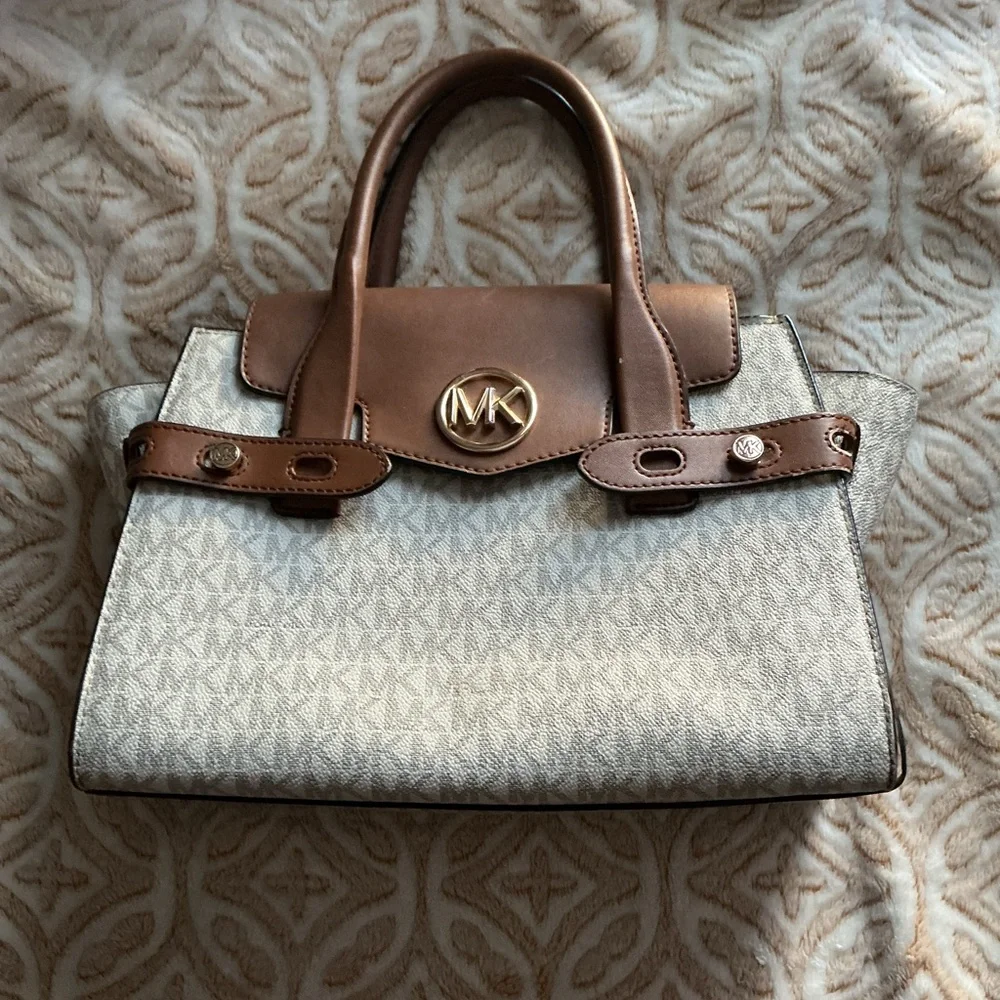 Michael Kors MK Logo Satchel • Brown & Tan • Structured Handbag